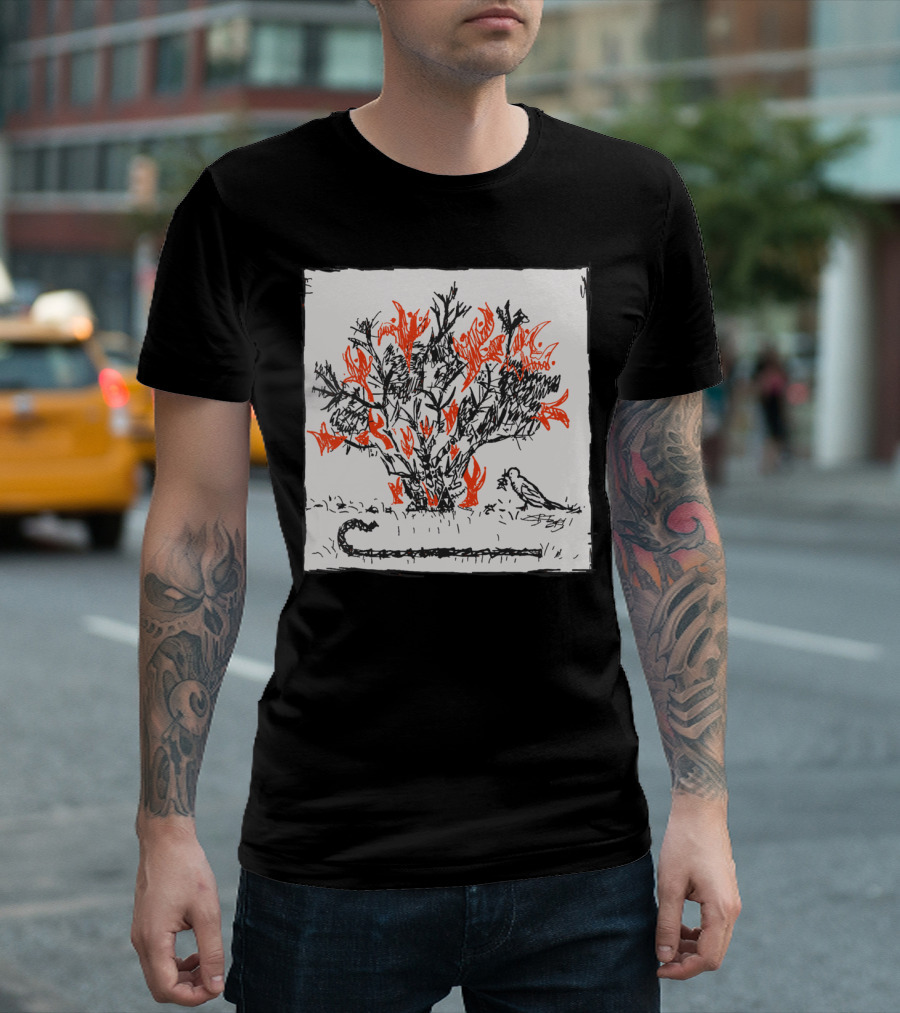Burning Bush with Orange Flames and Bird Sketch T-Shirt