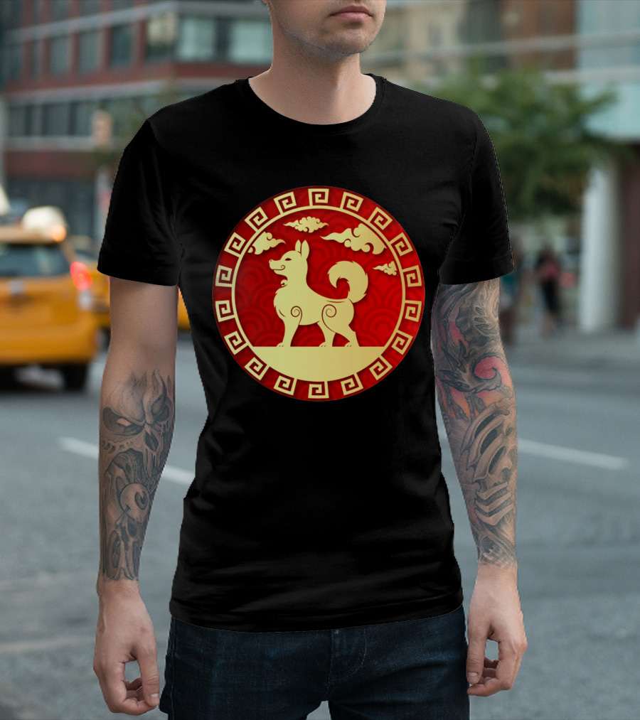 Golden Dog on Red Chinese Zodiac Circle T-Shirt