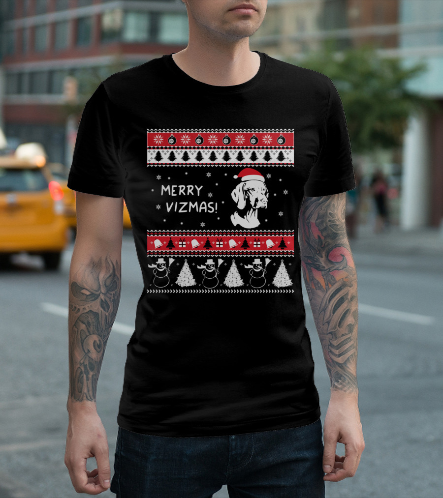 Merry Vizmas Vizsla Christmas Snowflakes Trees and Snowmen T-Shirt