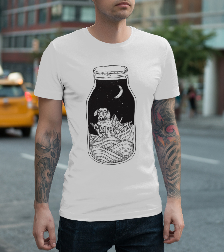 Dog In The Bottle Paper Boat Under Moonlight T-Shirt