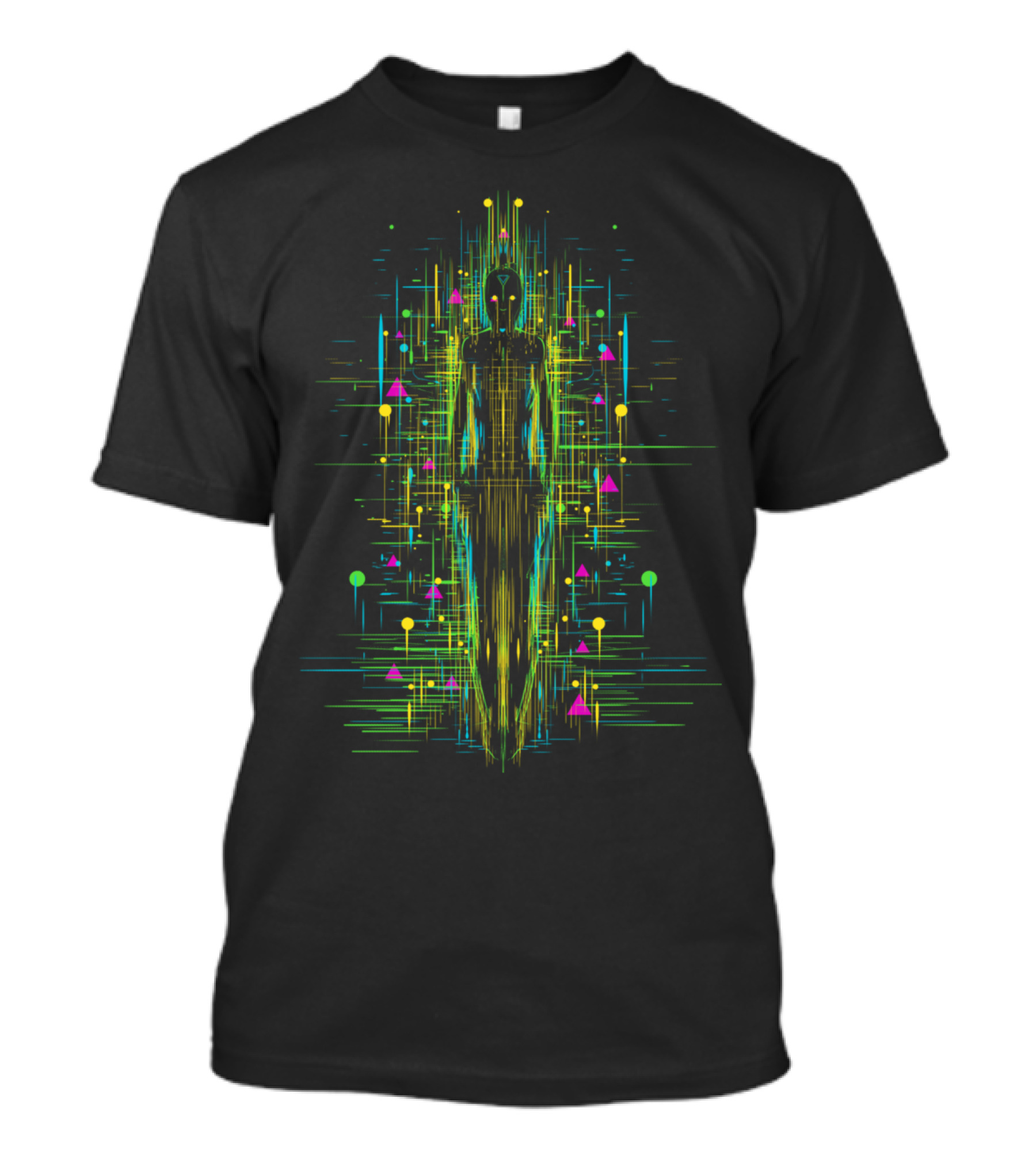 AI Rising Futuristic Digital Holographic Figure With Glowing Geometric T-Shirt