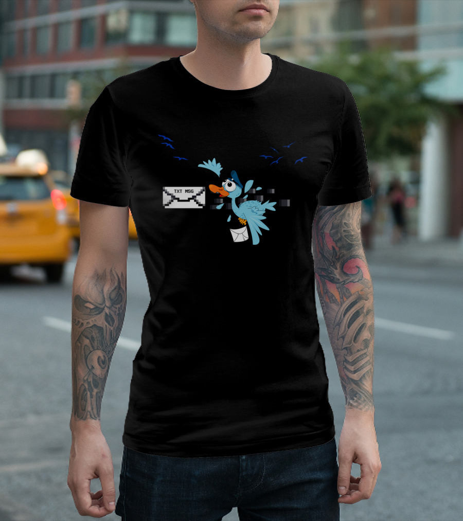 TXT MSG Delivery Bird Flying with Envelope and Pixel Glitch T-Shirt