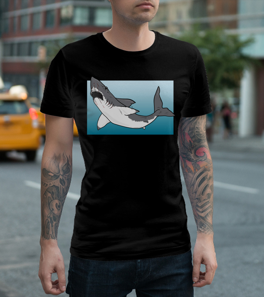Hooked Great White Shark Print Ocean Scene T-Shirt