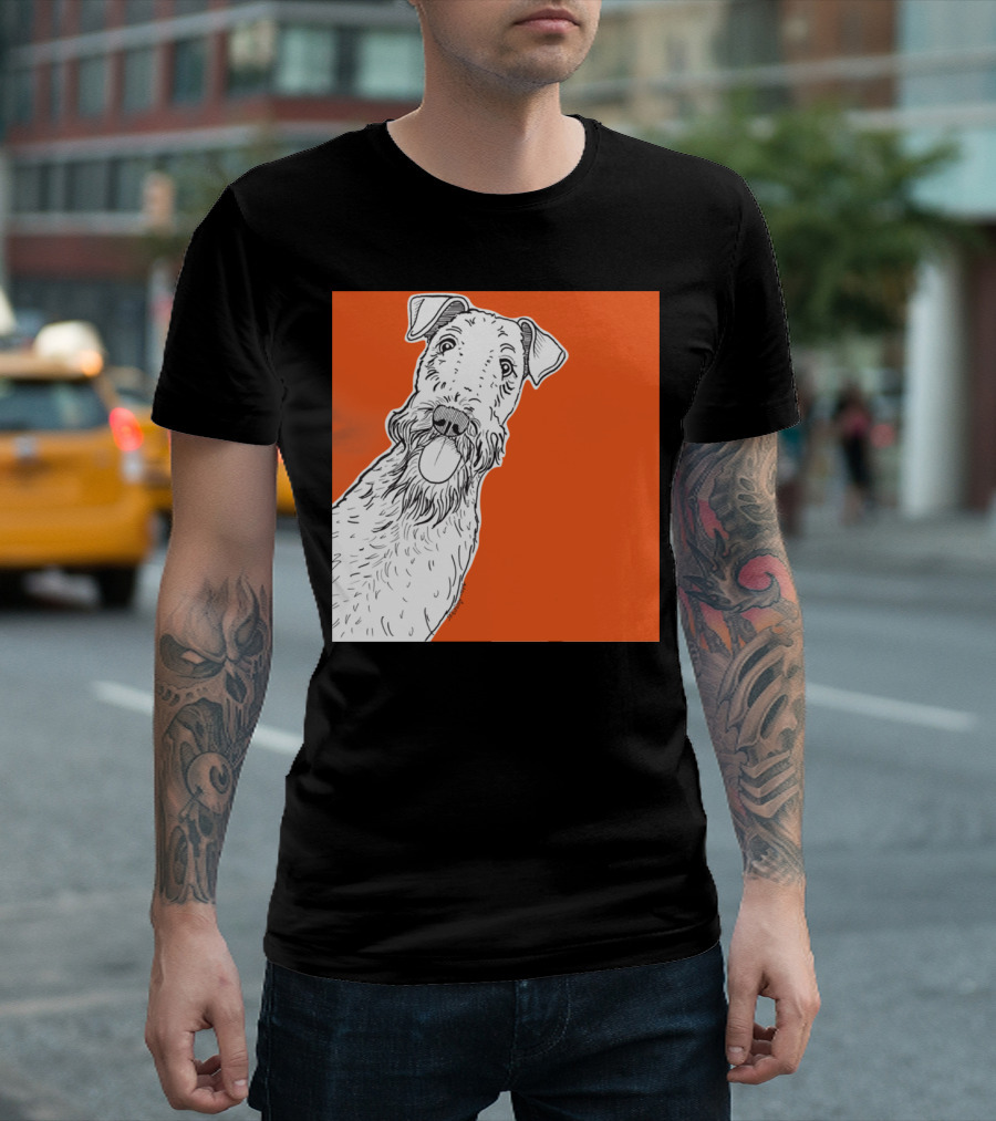 Airedale Dog Sketch on Vibrant Orange Background T-Shirt