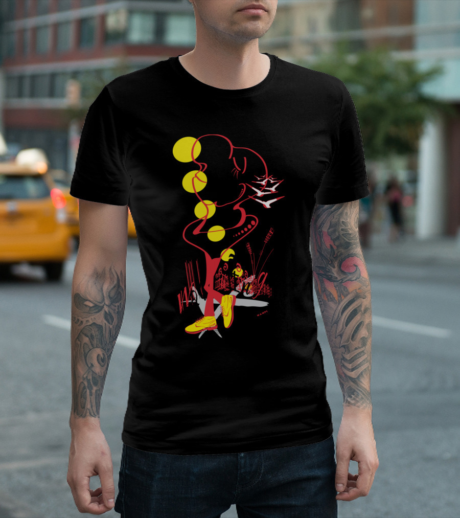 Walking Man Birds and Geometric Shapes T-Shirt