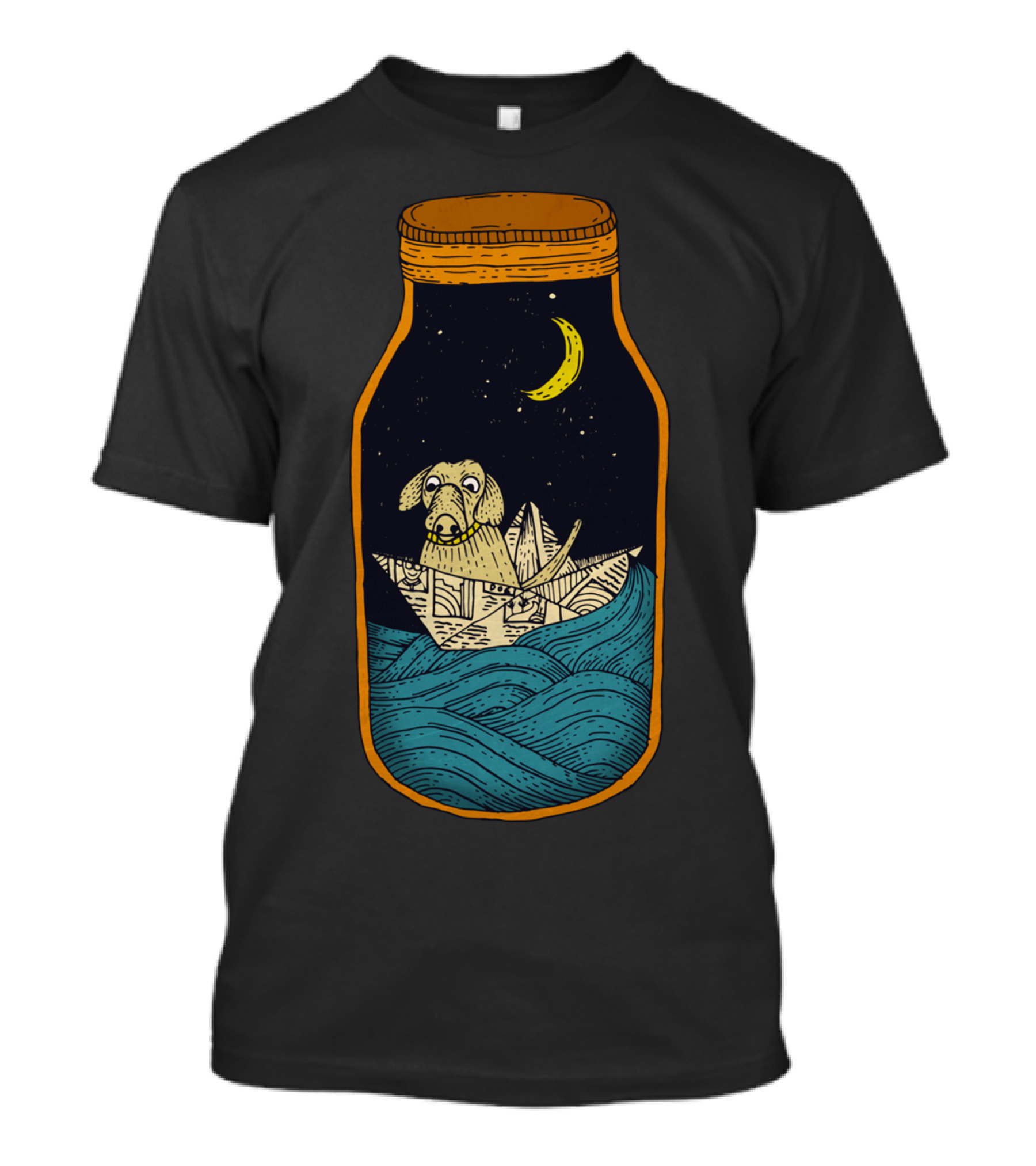 Dog Sailing In A Jar Under The Night Sky T-Shirt