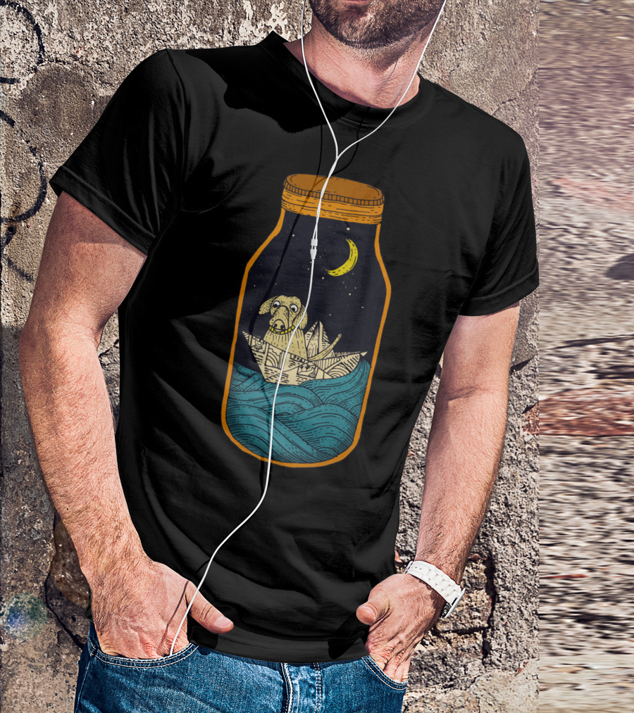 Dog Sailing In A Jar Under The Night Sky T-Shirt