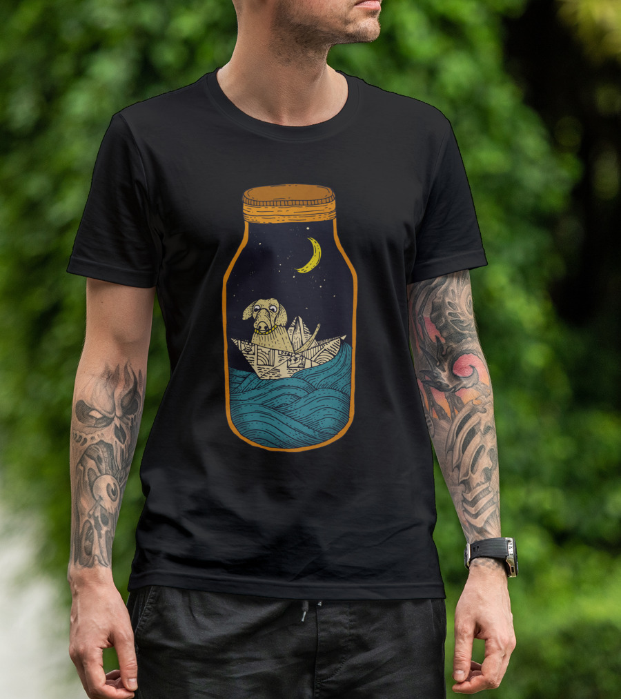 Dog Sailing In A Jar Under The Night Sky T-Shirt