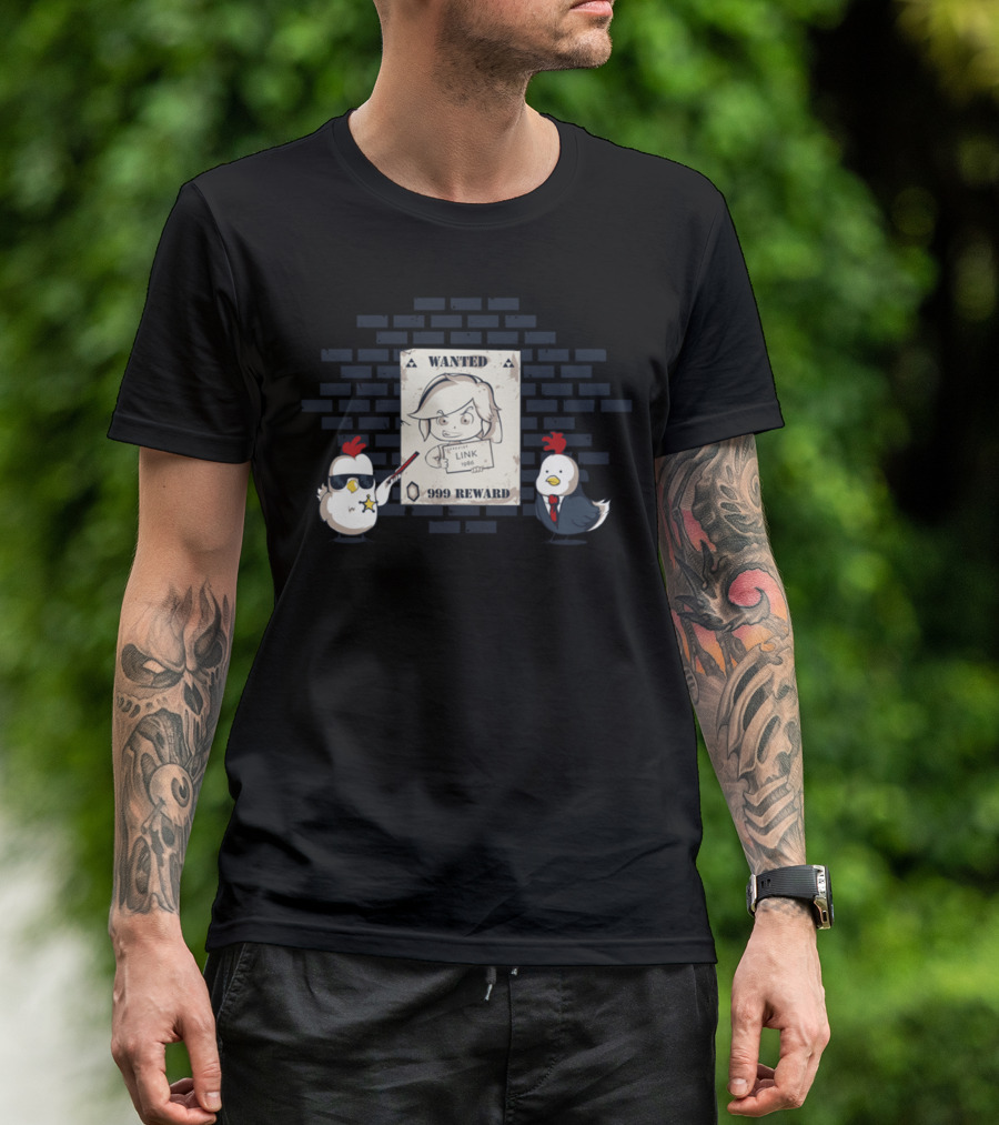 Wanted Link 999 Reward With Chickens Drawing On T-Shirt