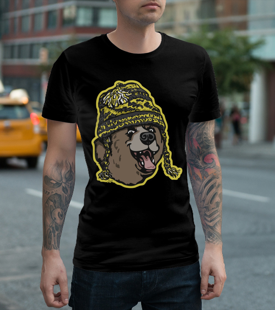 Bear Wearing Yellow and Black Knitted Beanie T-Shirt
