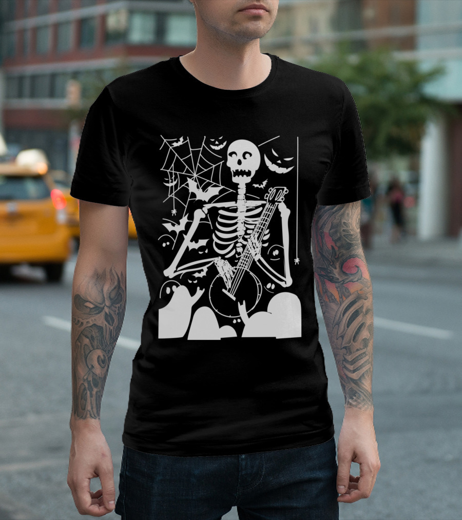 Illustrative Halloween Skeleton Guitar Player with Ghosts and Bats T-Shirt