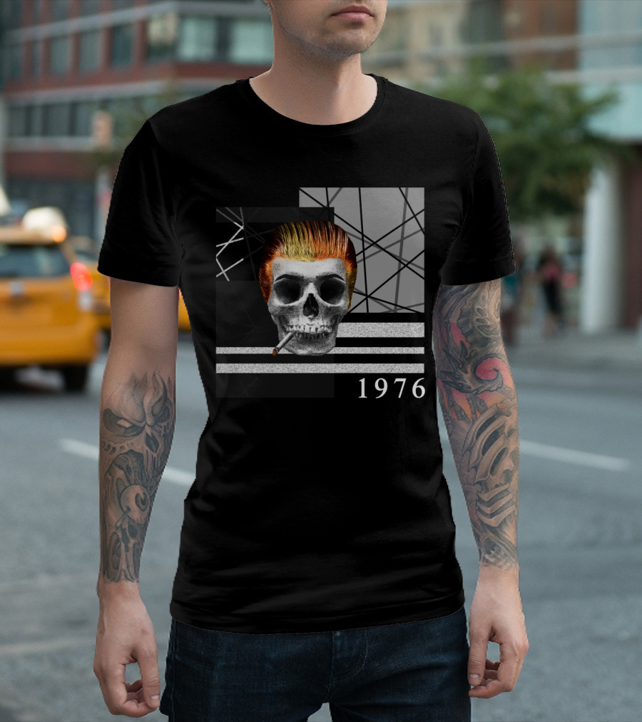 Cold Wave Man Skull with Cigarette and 1976 Retro Lines and Geometric T-Shirt