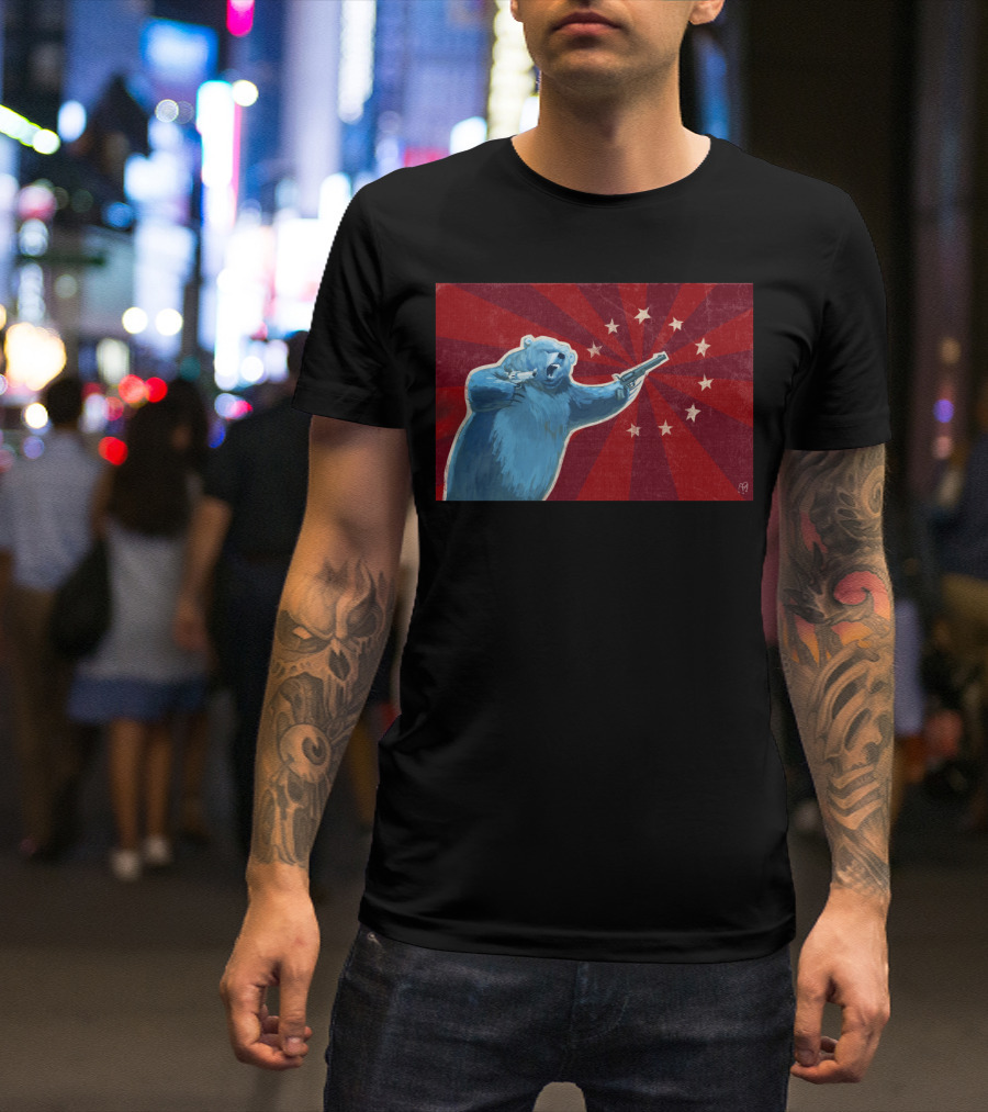 Bear With Gun And Stars On Red T-Shirt