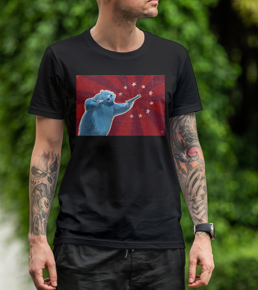 Bear With Gun And Stars On Red T-Shirt