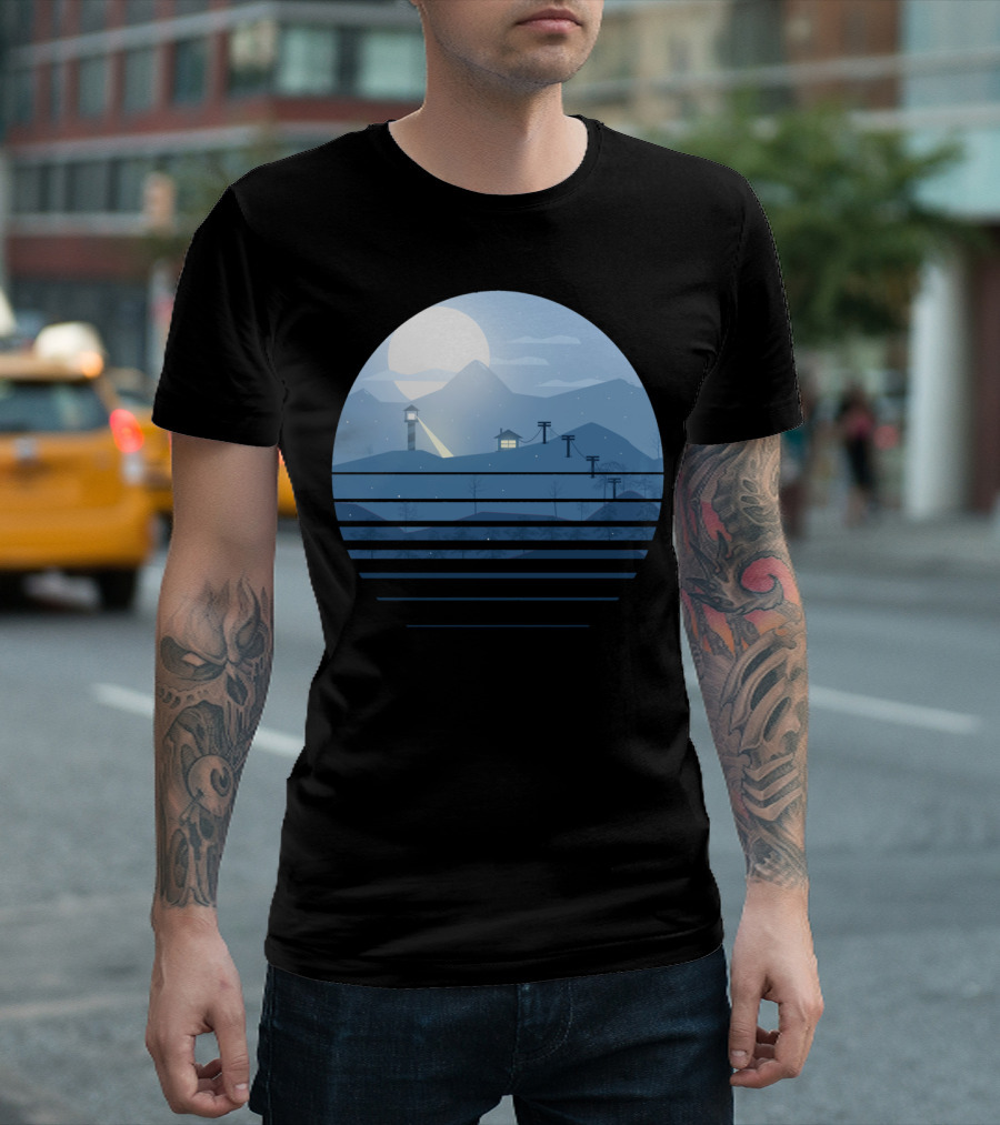 Snow Landscape Flat Lighthouse Mountains and Cable Lines Moonlit Scene T-Shirt