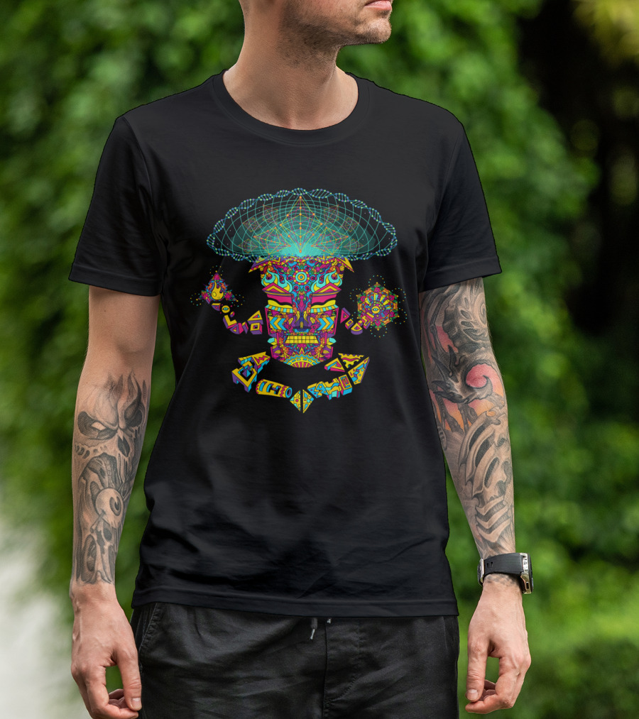 Golden Teacher Mushroom Psychedelic God Mask T-Shirt