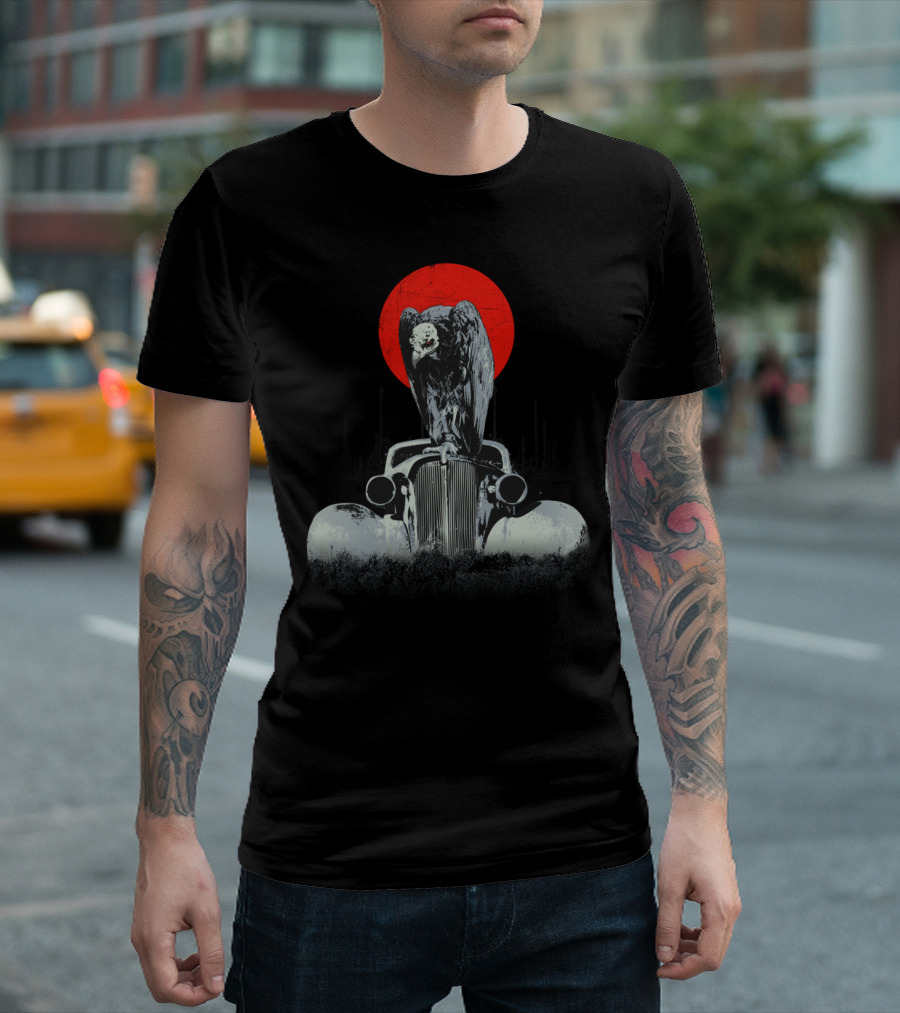 Vulture Perched on Vintage Car with Red Sun Omen T-Shirt