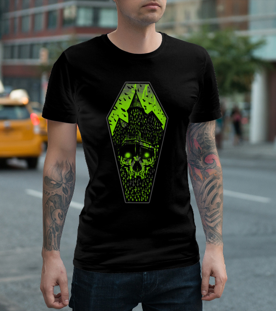 House of Darkness Gothic Skull Coffin Bats and Crosses T-Shirt