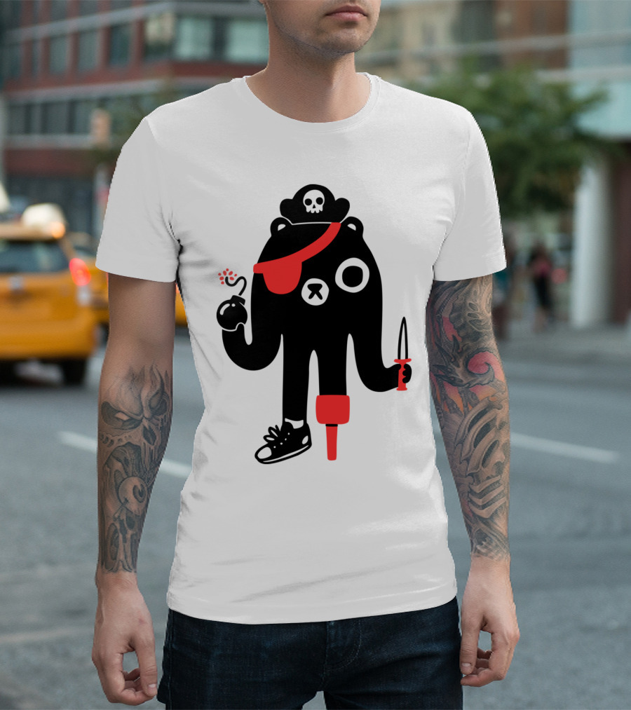 BeARRR Pirate Bear with Skull Hat Eyepatch Peg Leg and Dagger T-Shirt