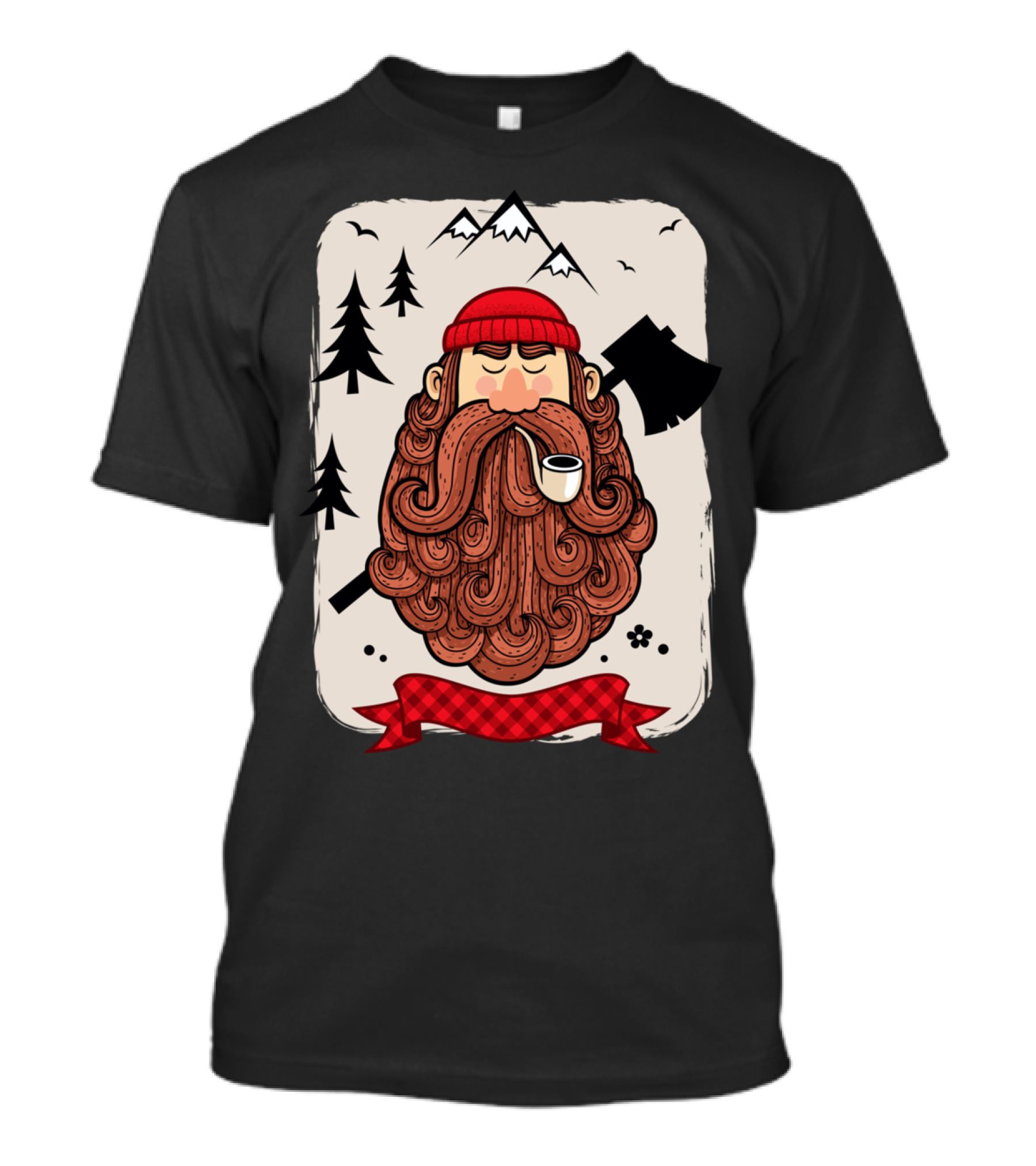 Lumberjack Bearded Woodsman With Axe And Red Plaid Banner T-Shirt