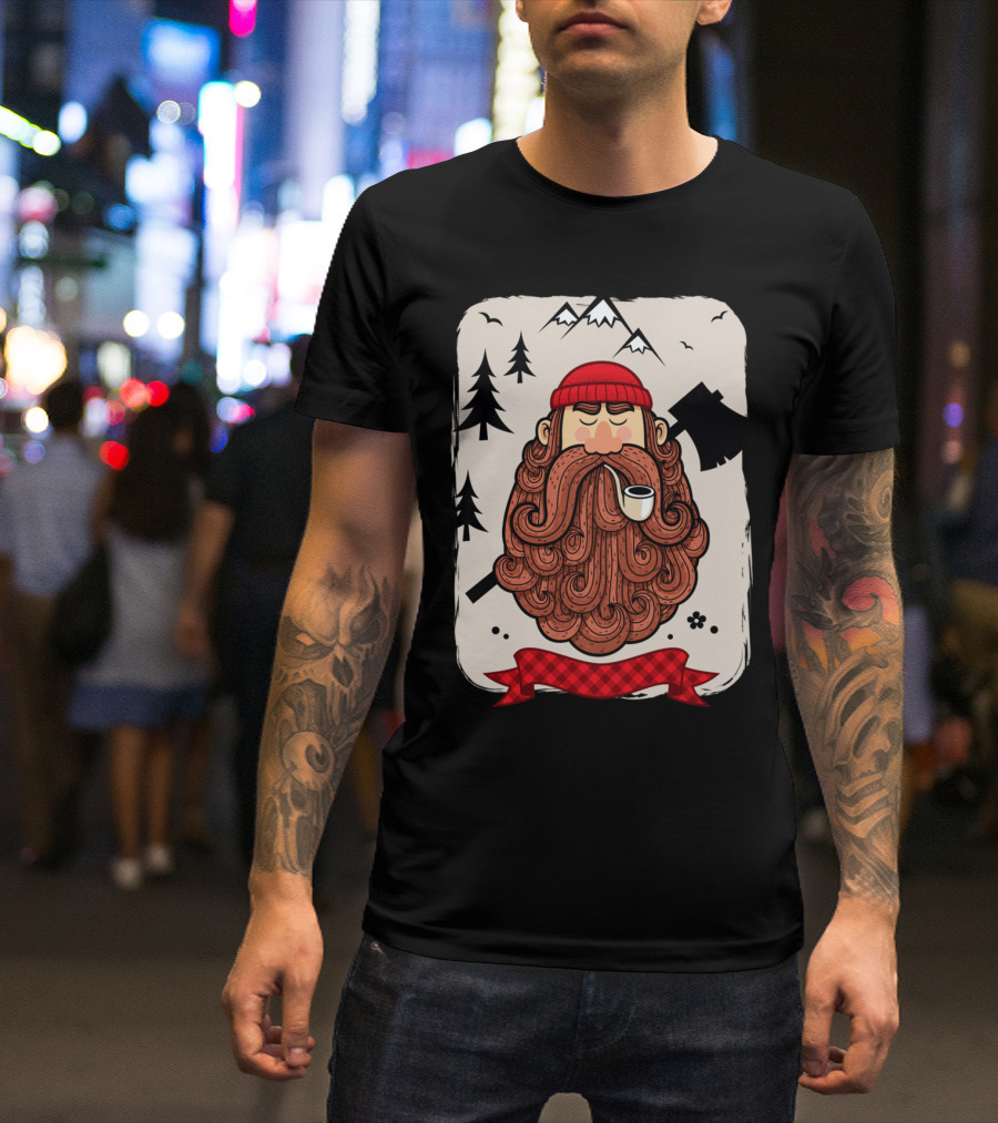Lumberjack Bearded Woodsman With Axe And Red Plaid Banner T-Shirt