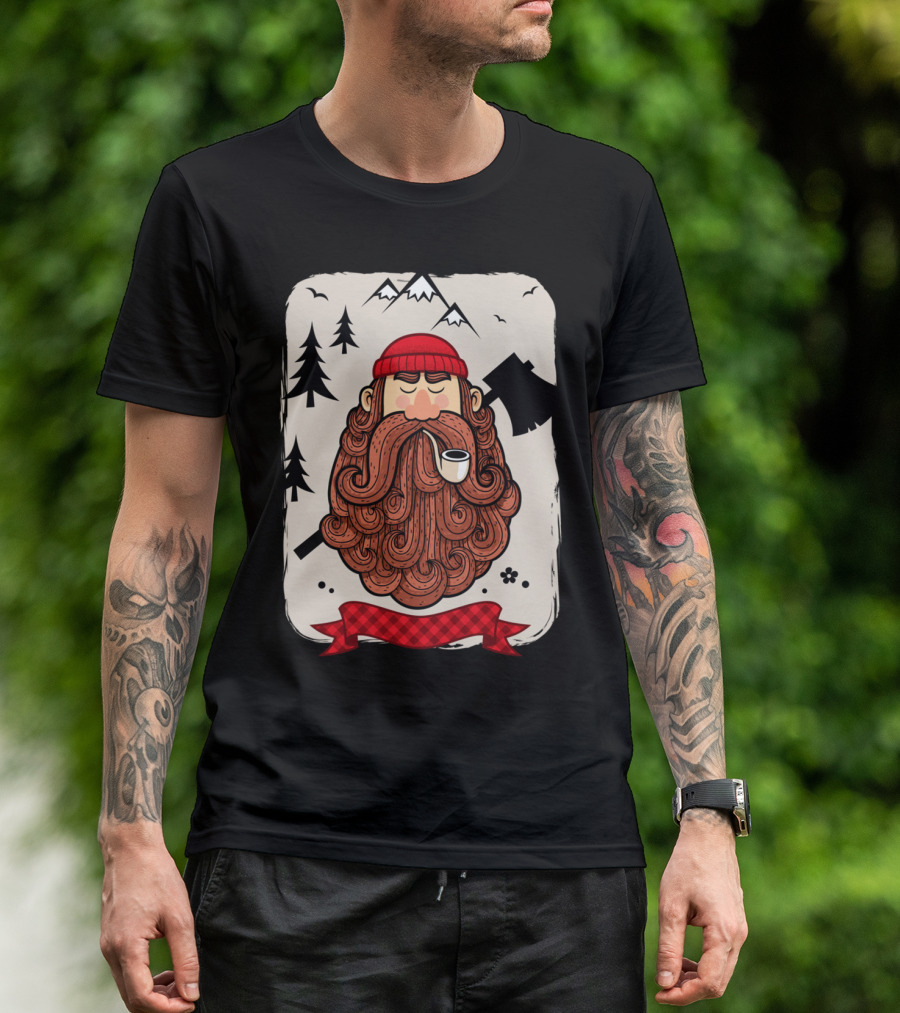 Lumberjack Bearded Woodsman With Axe And Red Plaid Banner T-Shirt