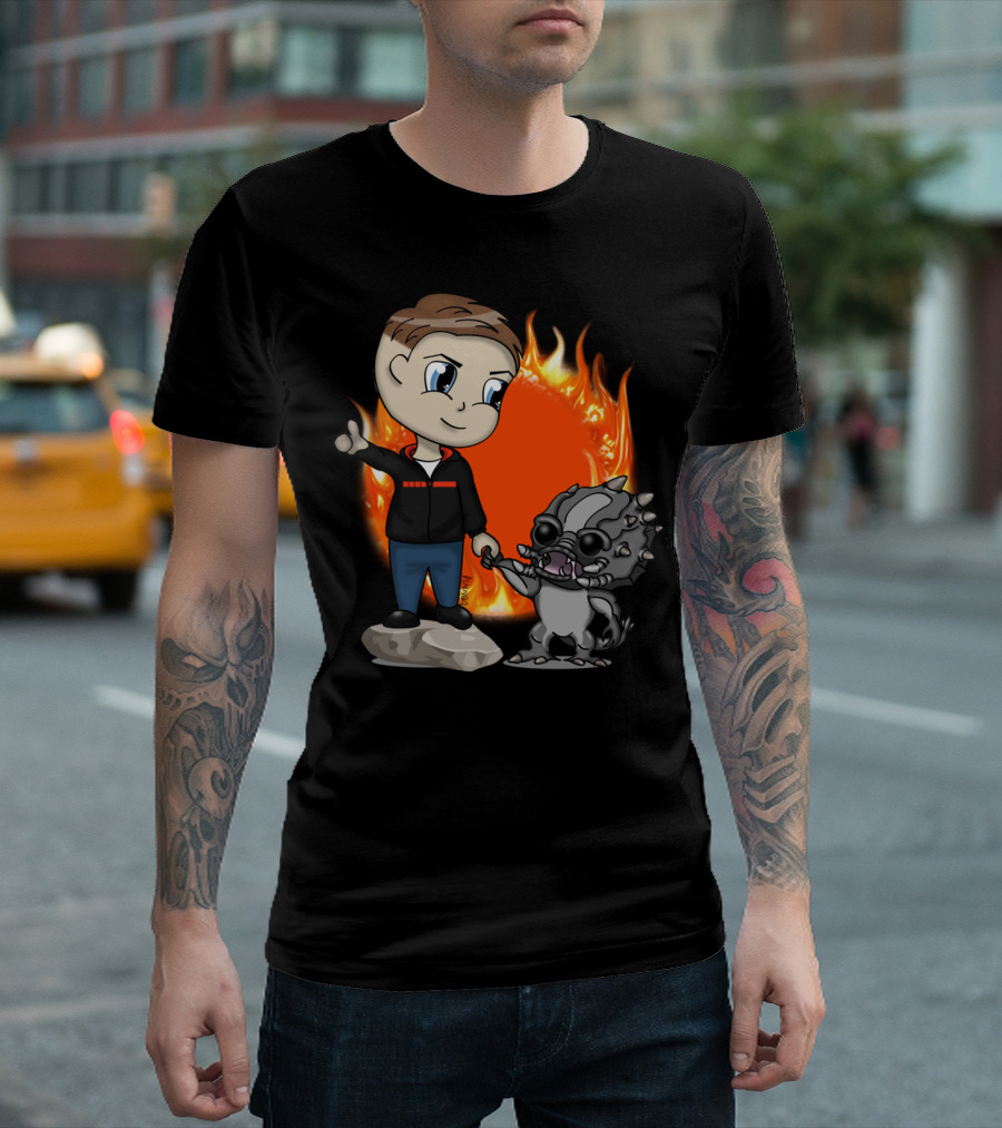Goliath Love Print Chibi Character with Monster and Fiery Background T-Shirt