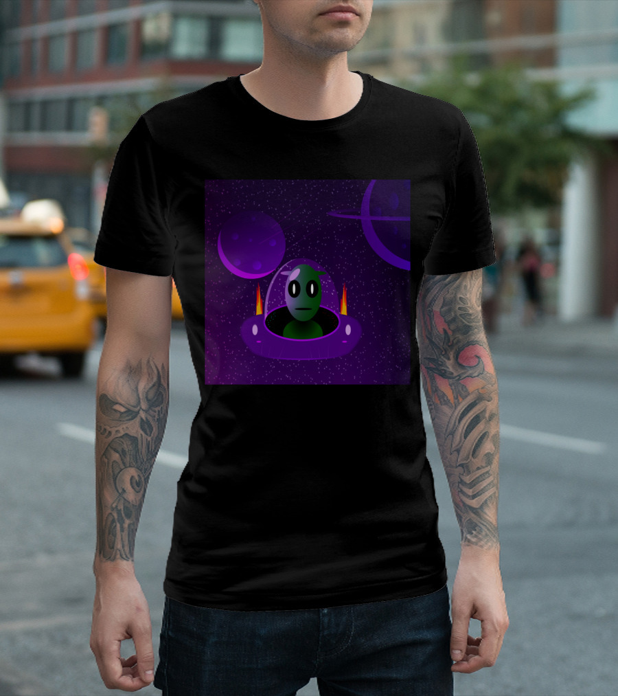 Alien Space Adventure in Purple Galaxy with UFO Planets T-Shirt