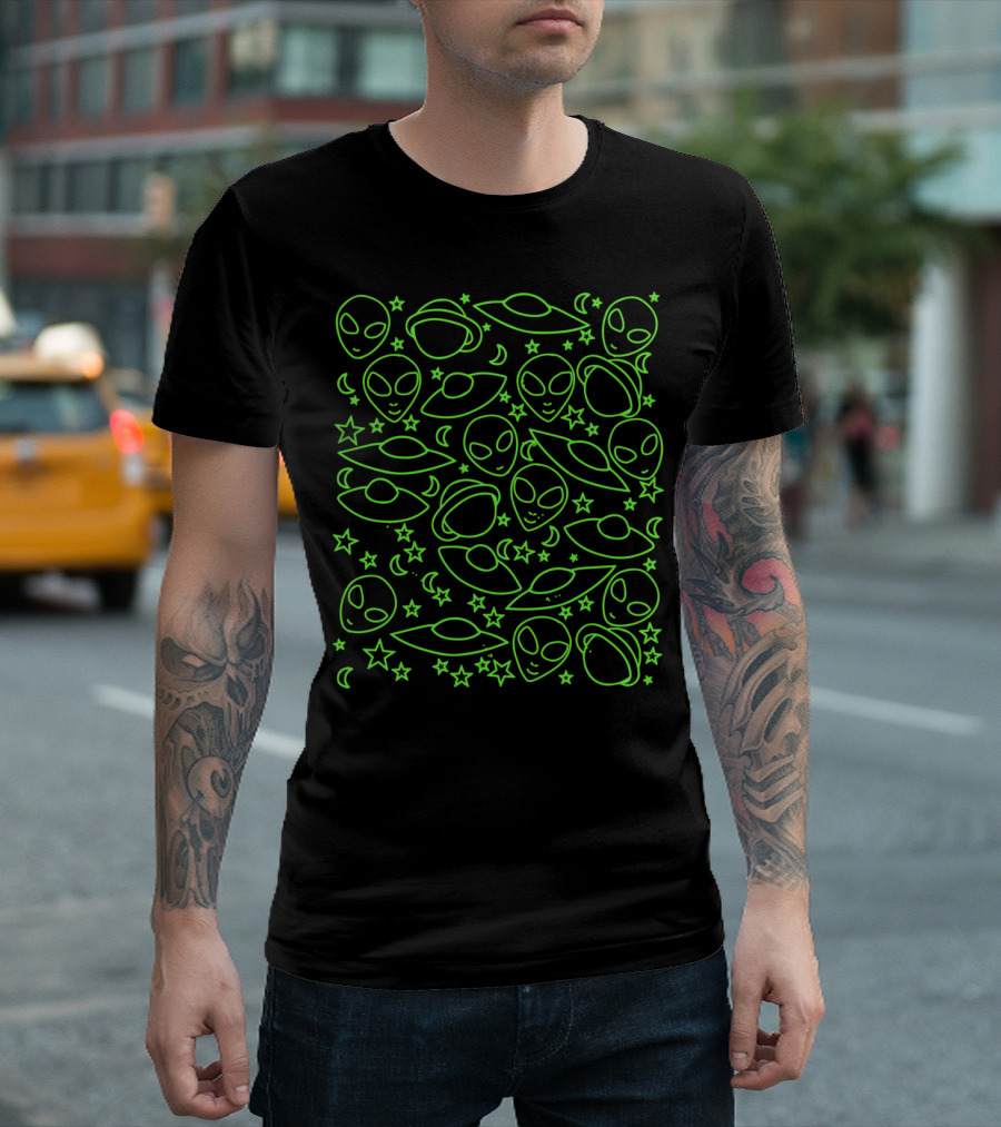 Aliens UFOs Stars and Moons Neon T-Shirt