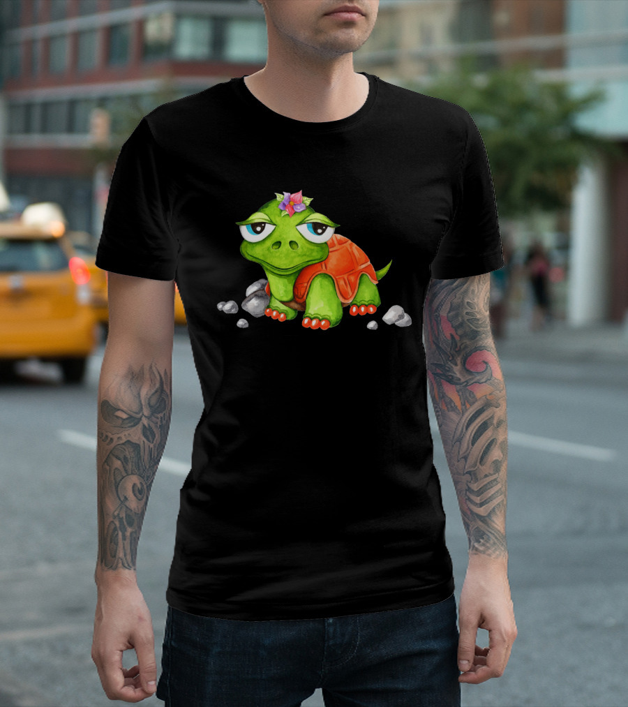 Watercolor Turtle with Colorful Flower and Rocks T-Shirt