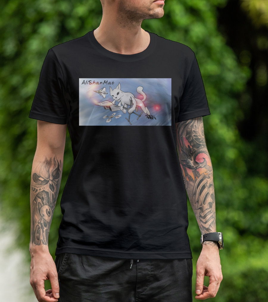 AliShanMao Cat Flying Jet Fighter With Quadcopter Drones And ARXK Signature T-Shirt