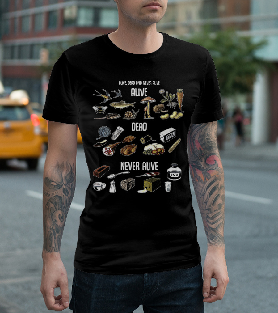 Alive Dead Never Alive Science Diagram Fish Bird Carrot Skeleton Tea Ink T-Shirt