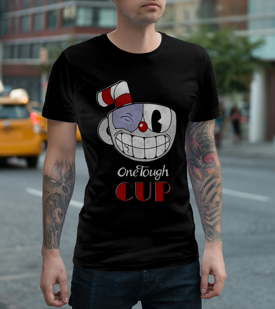One Tough Cup Grinning Cartoon Face with Striped Straw T-Shirt