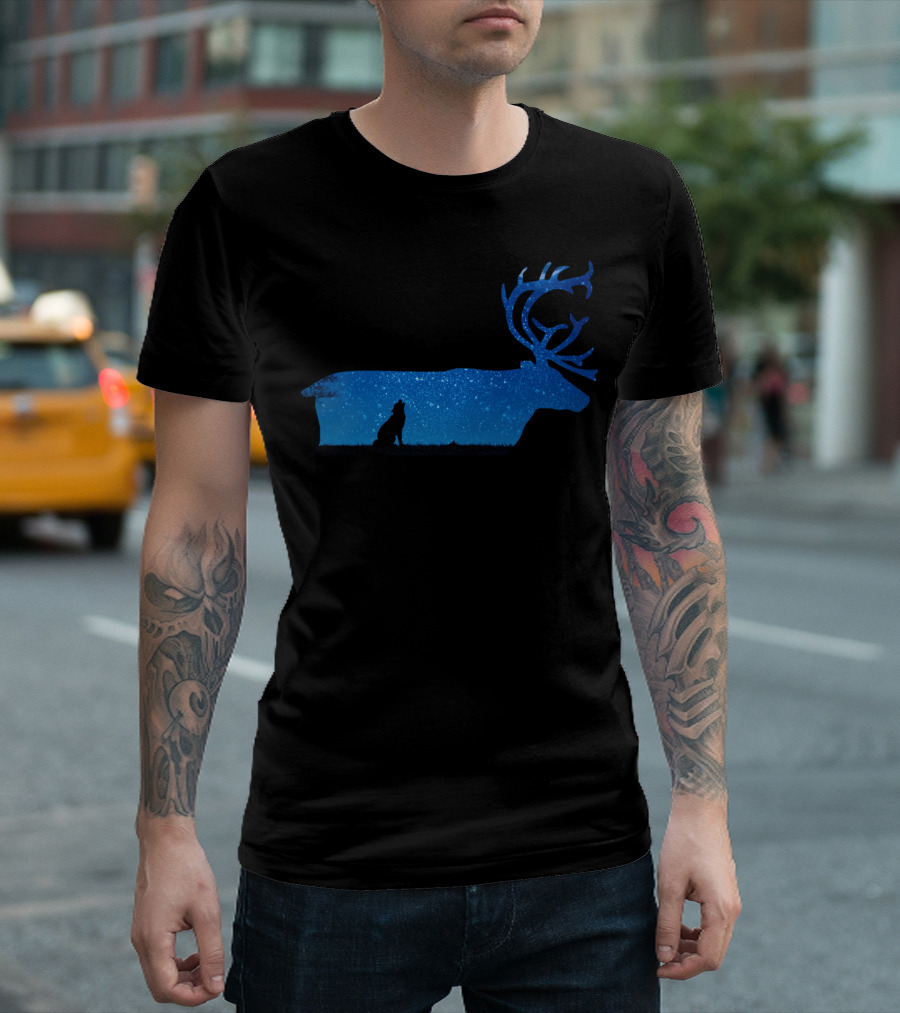 Howling Wolf Silhouette Within Starry Night Elk Background T-Shirt