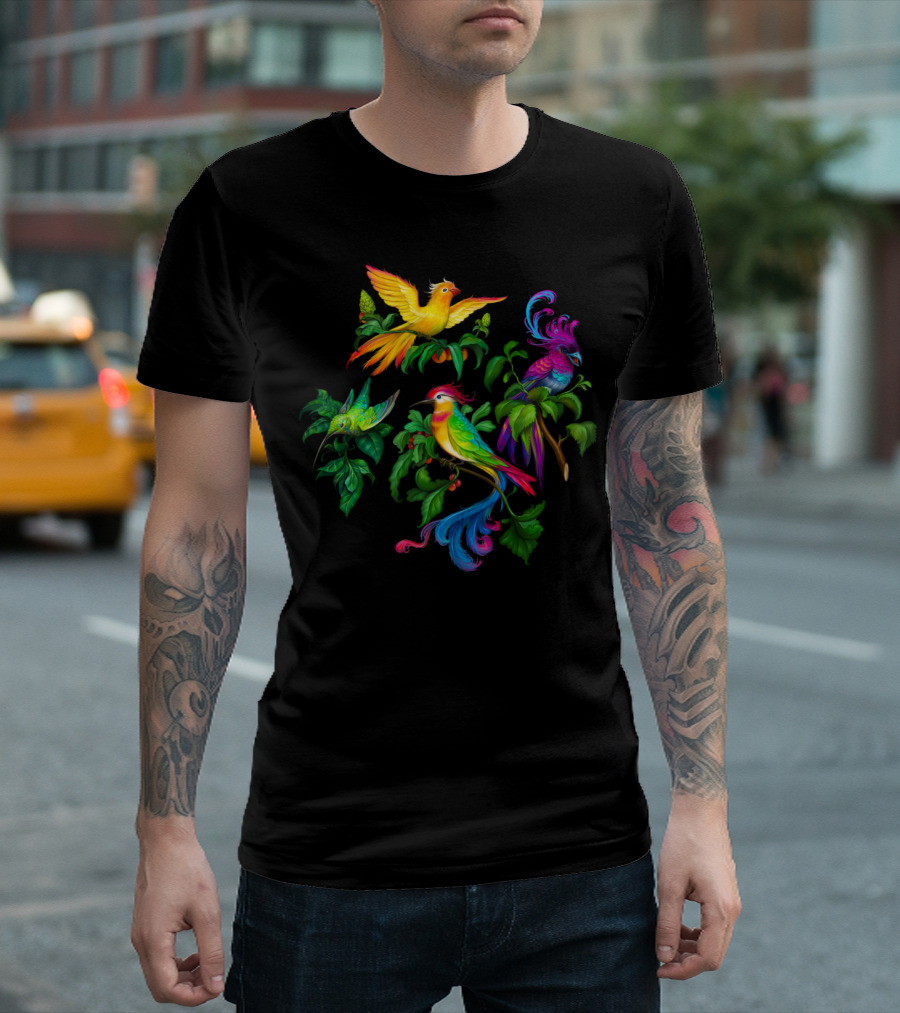 Beautiful Colorful Birdies Amongst Lush Foliage T-Shirt
