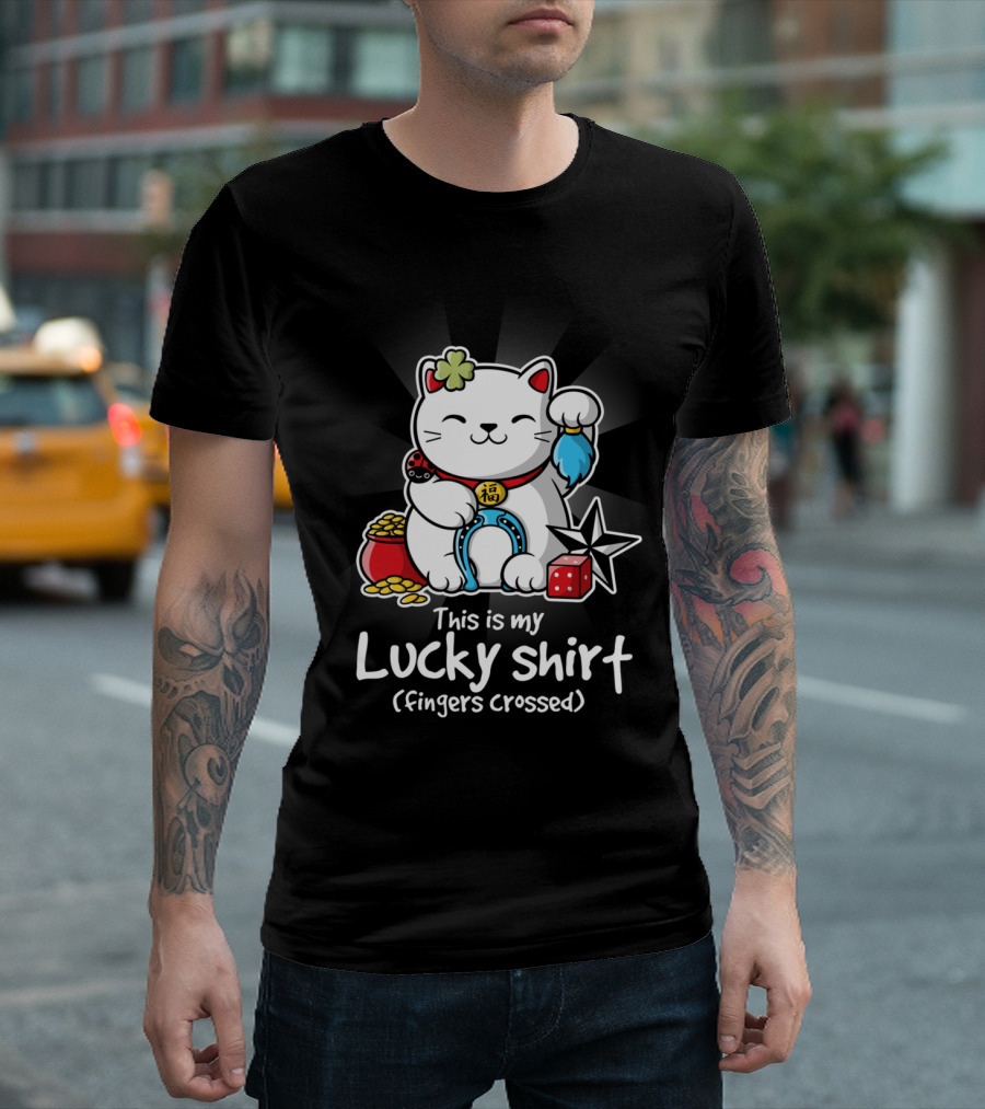 This Is My Lucky Shirt Fingers Crossed Lucky Cat Charm Coins Horseshoe Dice Ninja Star T-Shirt