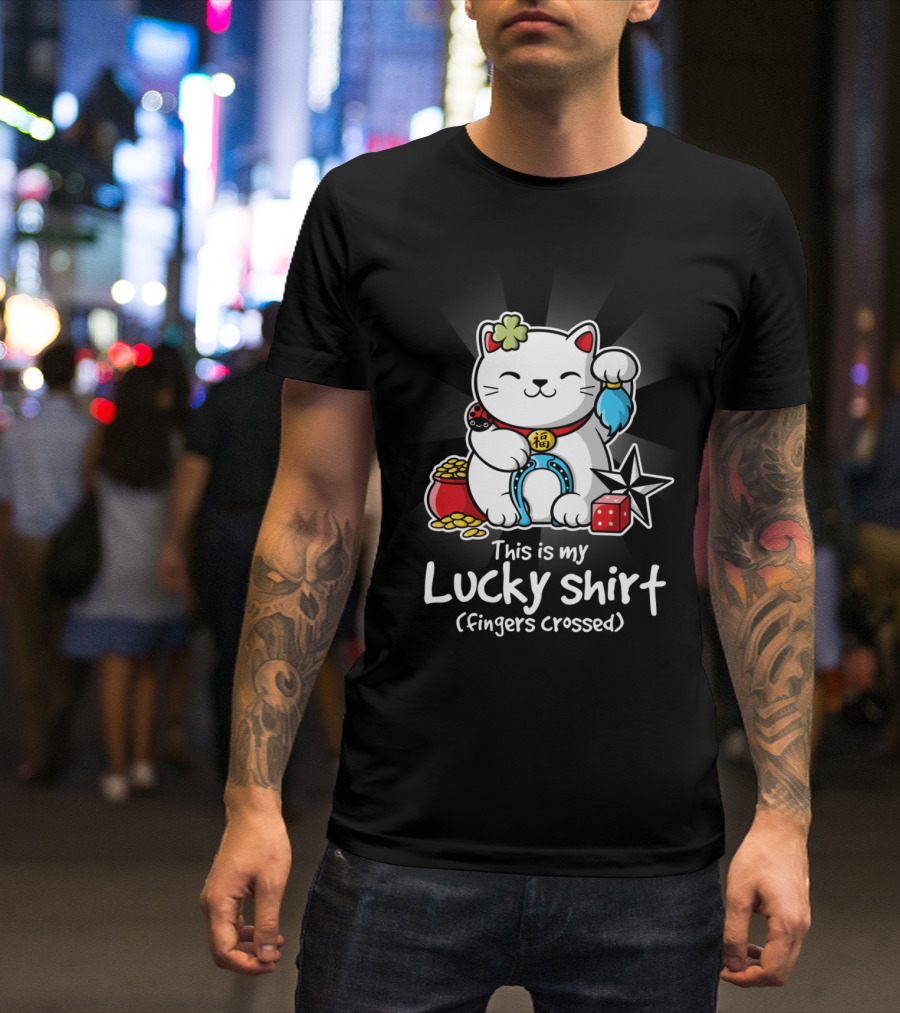 This Is My Lucky Shirt Fingers Crossed Lucky Cat Charm Coins Horseshoe Dice Ninja Star T-Shirt