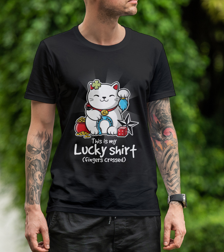 This Is My Lucky Shirt Fingers Crossed Lucky Cat Charm Coins Horseshoe Dice Ninja Star T-Shirt
