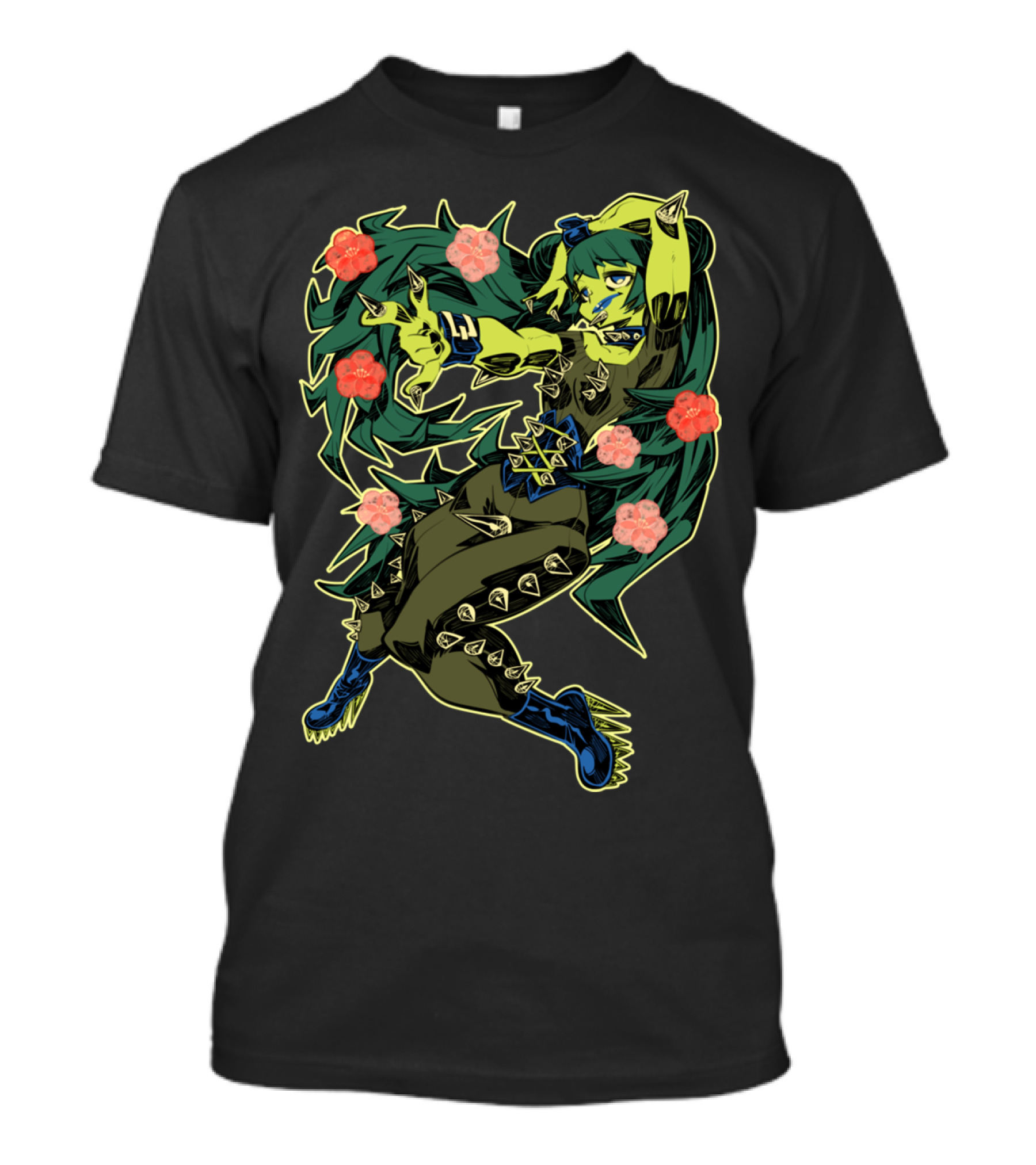 Cactus Girl Anime Style Spiky Armor And Floral Accents T-Shirt