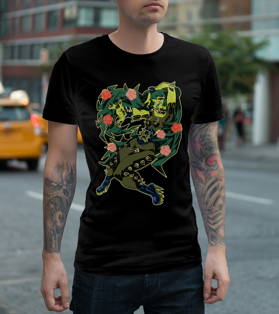 Cactus Girl Anime Style Spiky Armor And Floral Accents T-Shirt
