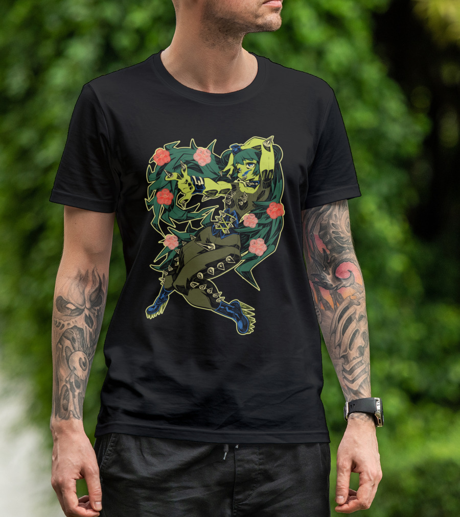 Cactus Girl Anime Style Spiky Armor And Floral Accents T-Shirt