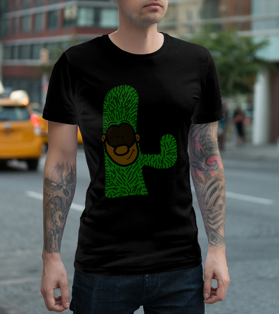 Cactus Guy Cartoon Character Green Fuzzy T-Shirt