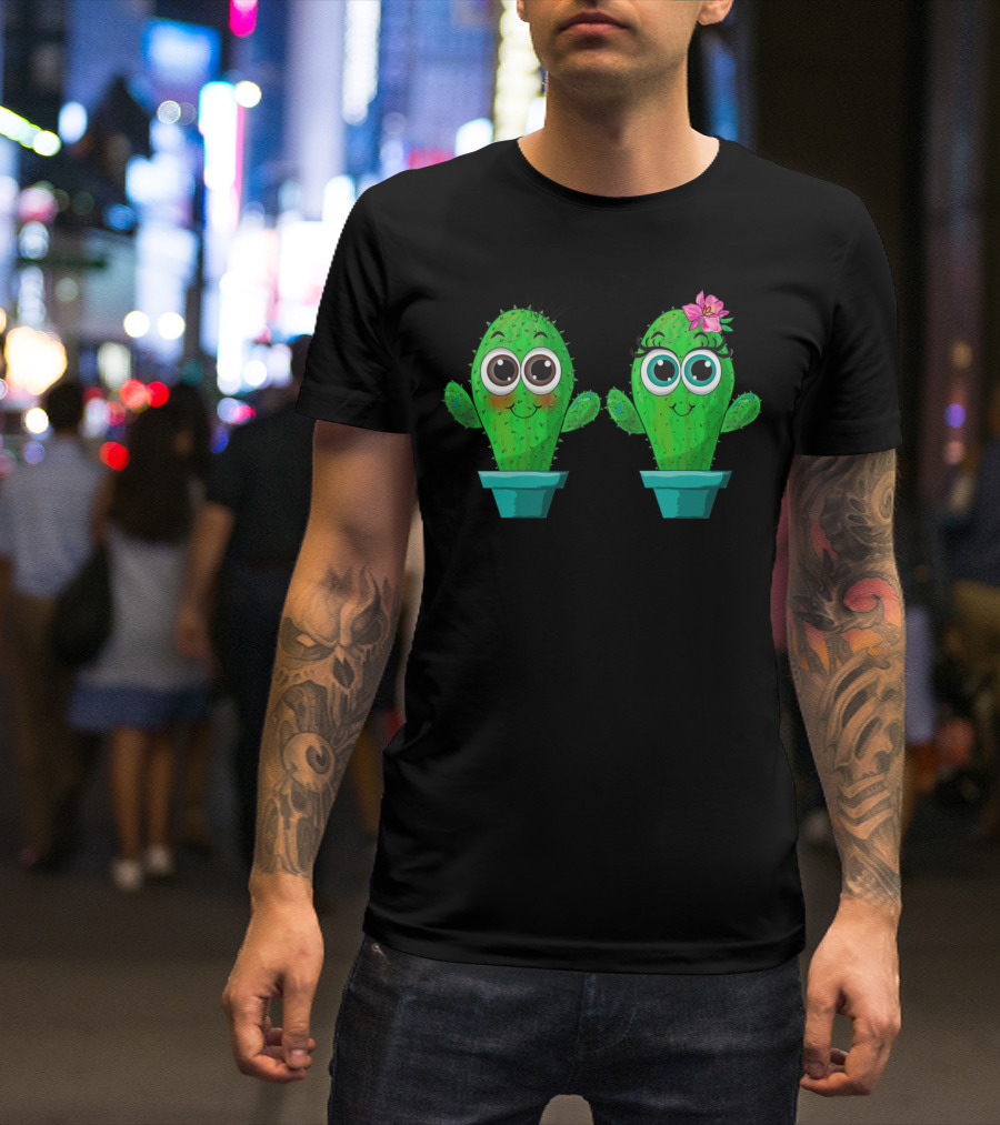Cactus Love With Cute Flower And Big Eyes T-Shirt