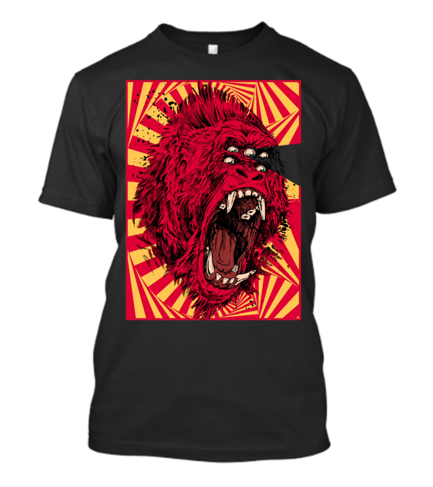 Open Your Eyes Red Three-Eyed Gorilla With Yellow Red Sunburst Background T-Shirt