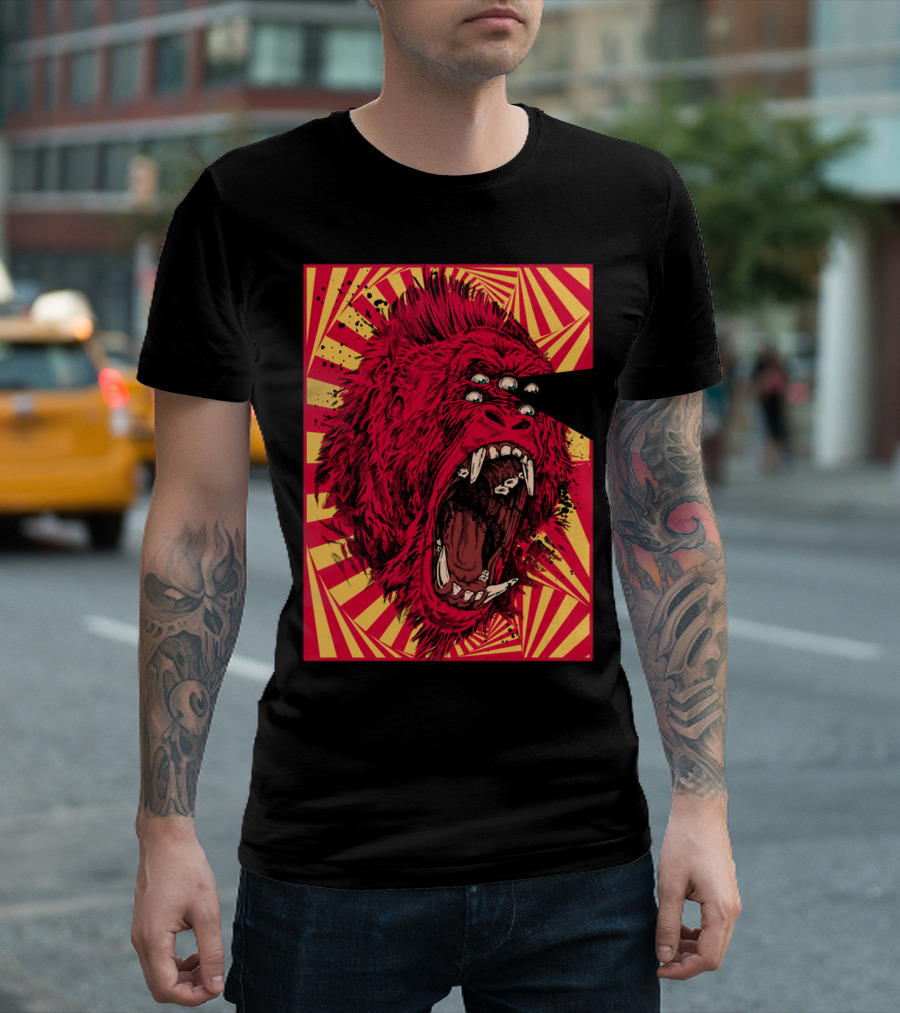 Open Your Eyes Red Three-Eyed Gorilla With Yellow Red Sunburst Background T-Shirt