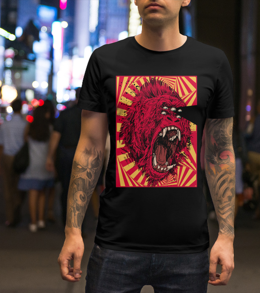 Open Your Eyes Red Three-Eyed Gorilla With Yellow Red Sunburst Background T-Shirt