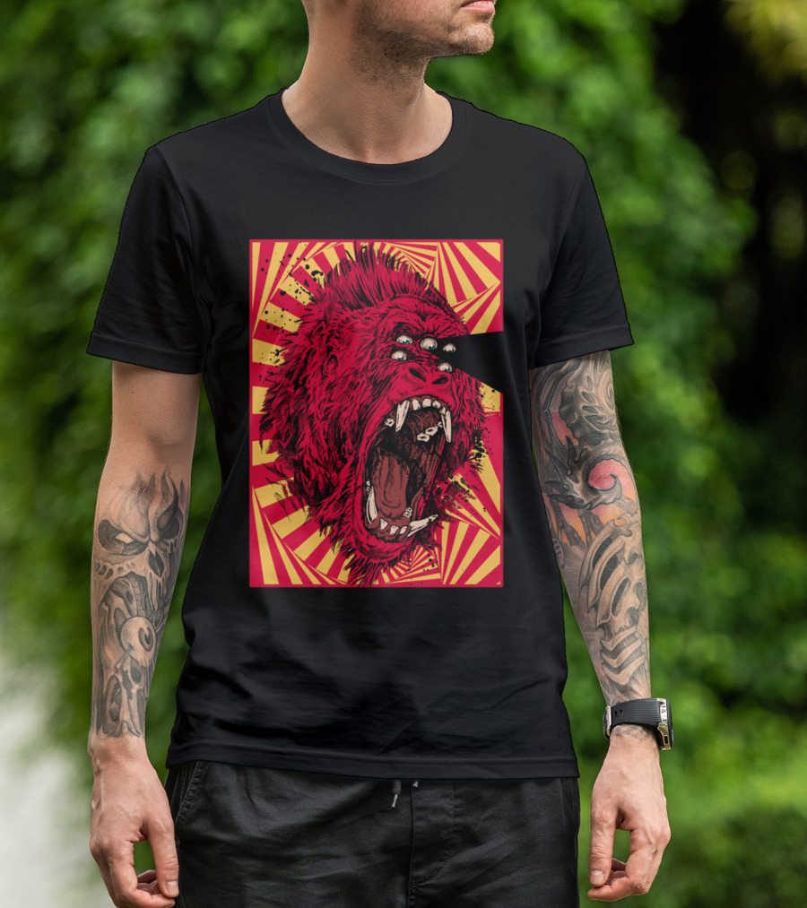 Open Your Eyes Red Three-Eyed Gorilla With Yellow Red Sunburst Background T-Shirt