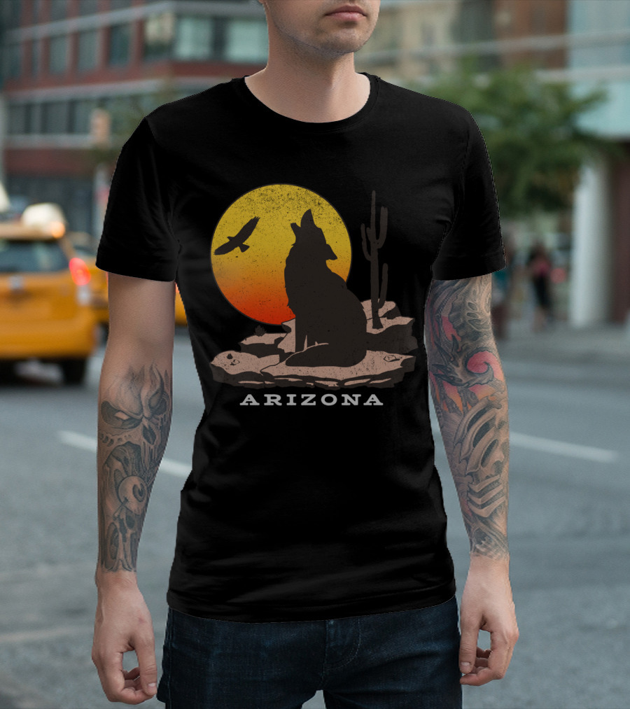 Arizona Sunset Coyote and Desert Cactus Scene T-Shirt