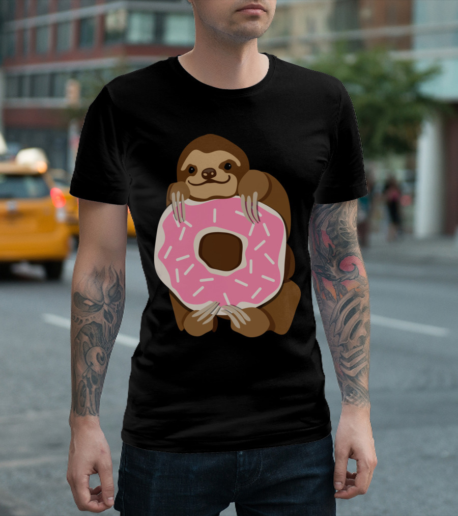 Sloth Hugging Pink Frosted Donut with Sprinkles T-Shirt