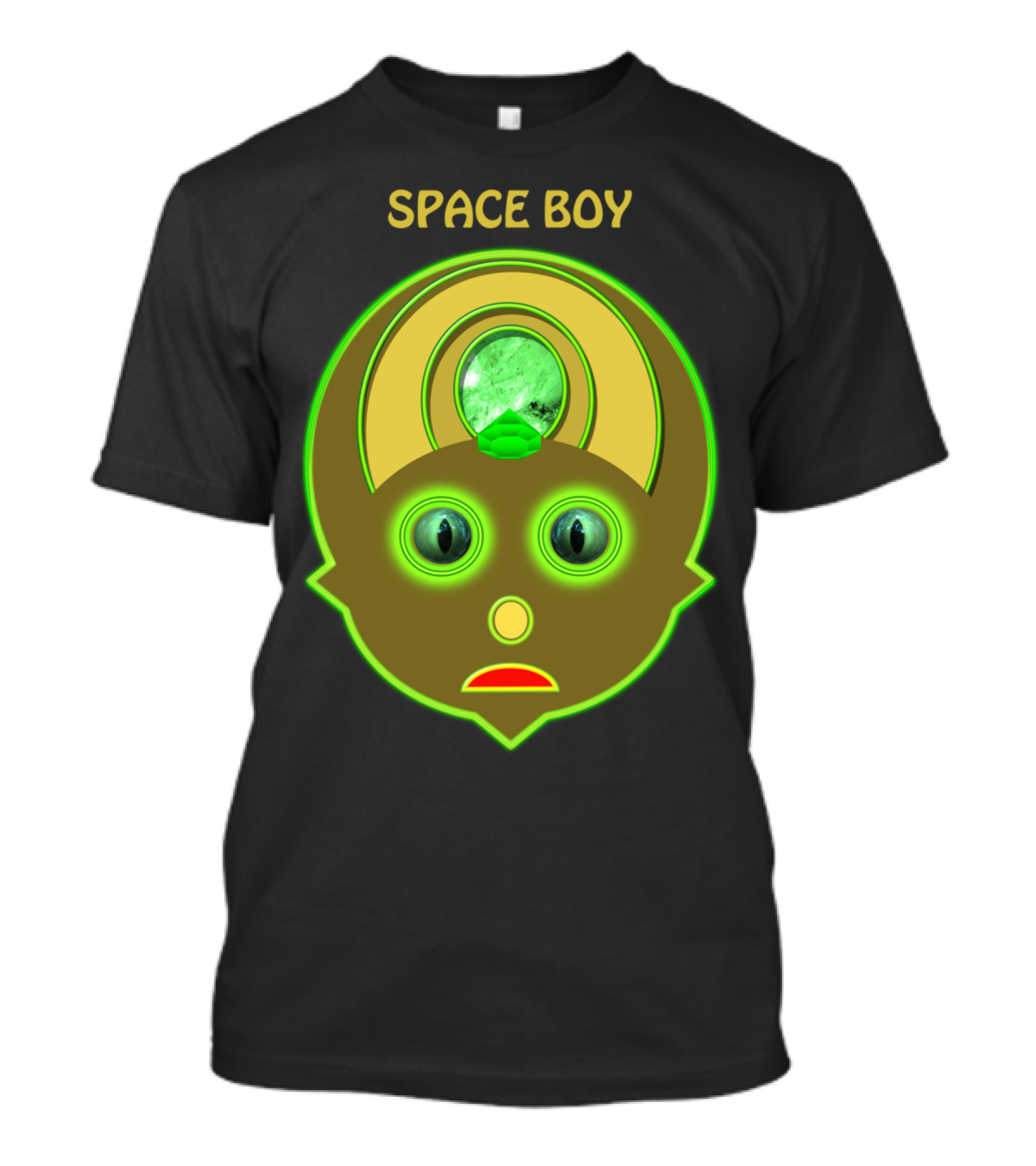 Space Boy Neon Alien Face Green Gem Eyes T-Shirt